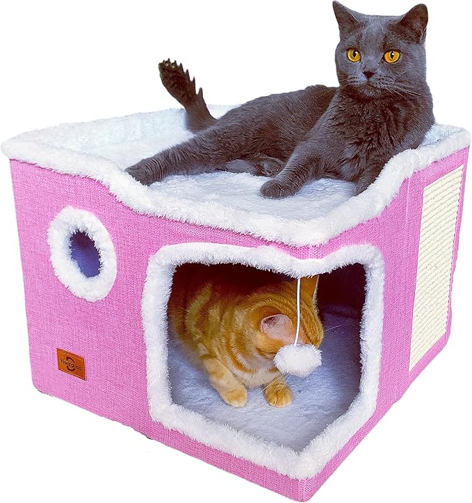 Cat Bed for Indoor Cats,Covered Cat Cave House & Furniture with Scratch Pad,Foldable Cat Hideaway Hut Cute Cat Condo with Soft Washable Mat for Multi Small Pet Under 30 lbs, Pink