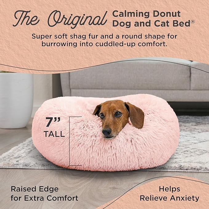 Best Friends by Sheri Original Calming Donut Dog and Cat Bed, Shag Faux Fur, Cotton Candy Pink, (23in x 23in) - Anxiety Relief for Pets Up to 25 lbs