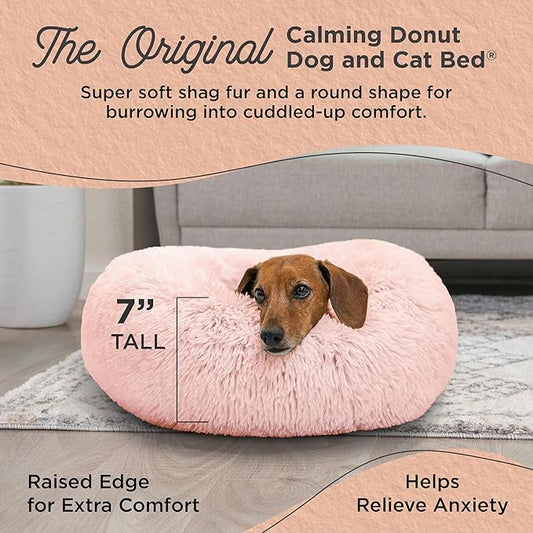 Best Friends by Sheri Original Calming Donut Dog and Cat Bed, Shag Faux Fur, Cotton Candy Pink, (23in x 23in) - Anxiety Relief for Pets Up to 25 lbs