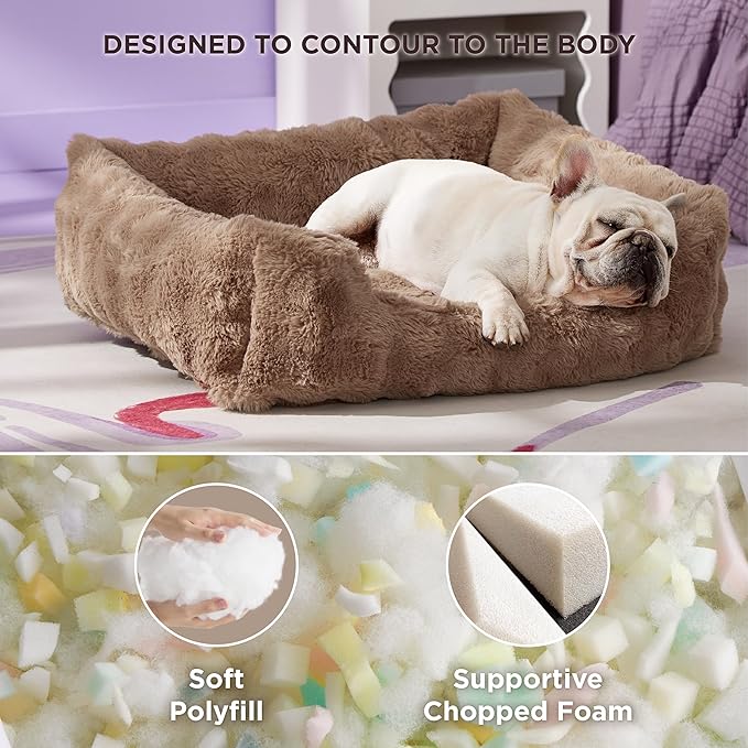 Lesure Fluffy Dog Beds for Medium Dogs - Rectangle Orthopedic Calming Pet Sofa,Plush Bubble Bolster Pet Bed with Removable Washable Cover and Nonskid Bottom,30x24x8inches,Brown