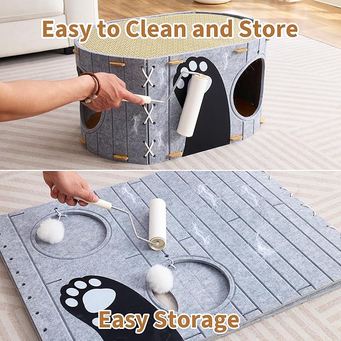 Cat House for Indoor Cats, 23" x 15" x 12" Large Felt Covered Cat Cave for Multiple Cats,Clawsable Enclosed Cat Hideout Houses & Condos with Fluffy Ball,Cozy Scratch Resistant House for kitty