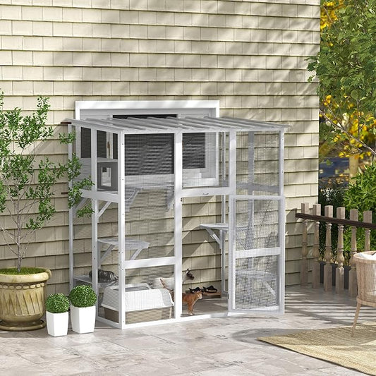 PawHut Catio Outdoor Cat Enclosure Window Box, Wooden Cat House Playground with Scratching Posts, Weather Protection Roof for 1-2 Kitties, Resting Boxes, 68" x 35.5" x 70.5", White