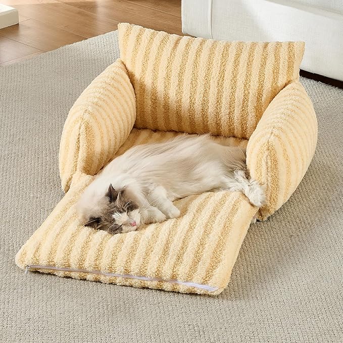 Hollypet Cat Bed Fluffy Plush Mutifuctional Double-Layer Soft Pet Couch Orthopedic Sofa Nest Beds for Small Cats and Dogs, Yellow (25x20x13 inch)