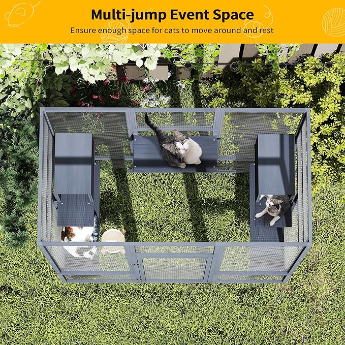 71Inches Large Wood Catio Outdoor Cat Enclosure with Perches and Condos, Cat House Indoor with Waterproof Roof, Cat Shelter 5 Platforms & 2 Resting Box, UV Resistant (Grey)