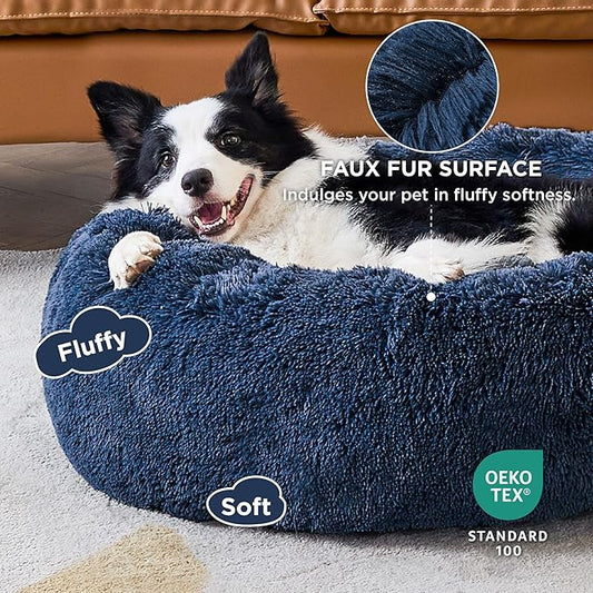 Bedsure Calming Dog Bed for Large Dogs - Donut Washable Large Pet Bed, 36 inches Anti Anxiety Round Fluffy Plush Faux Fur Dog Bed, Fits up to 80 lbs Pets, Navy