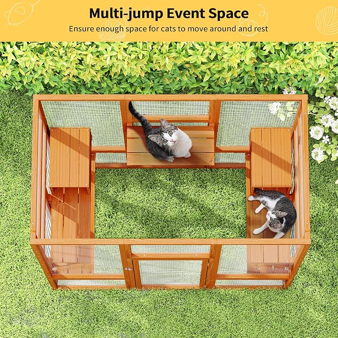 71Inches Large Wood Catio Outdoor Cat Enclosure with Perches and Condos, Cat House Indoor with Waterproof Roof, Cat Shelter 7 Platforms & 2 Resting Box, UV Resistant (Orange)