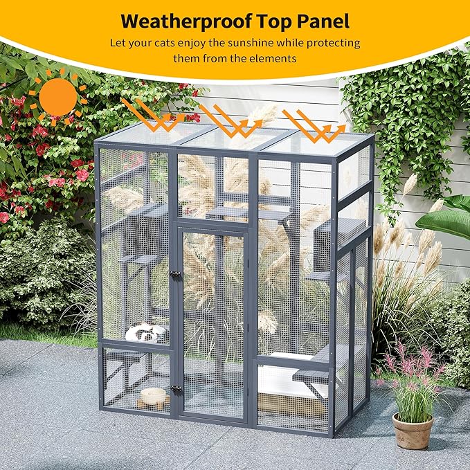 COZIWOW 70Inches Large Stable Spacious Wooden Catio Outdoor Cat Enclosure with Perches and Condos, Cat Cage Indoor with Waterproof Roof, 7 Platforms & 2 Resting Box, UV Resistant (Grey)